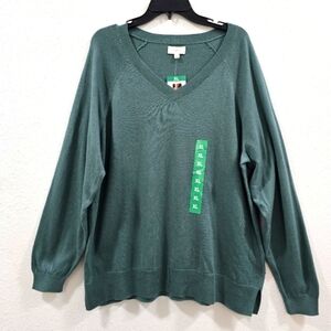 Lucky Brand Women's Green V-Neck Sweater Long Sleeves Trendy Pullover Size XL.